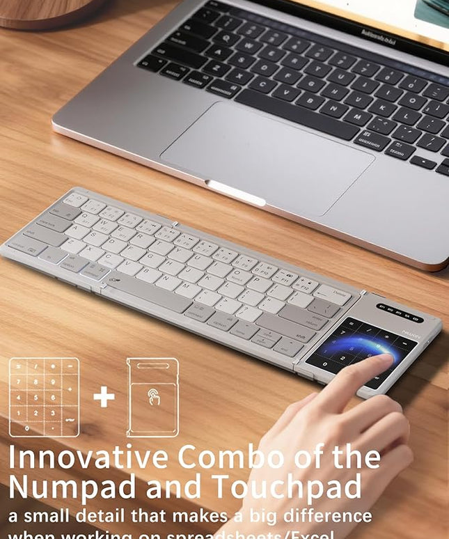 Nillkin Upgraded Foldable Bluetooth Keyboard with Touchpad & Number Pad, Portable Wireless Keyboard for Travel, Pocket-Sized, Full Size Keys, Support 3 Devices for iPad Laptop Tablets Phone, Gray