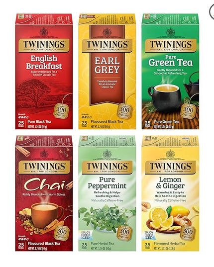 Twinings Variety Pack Tea Bags, 25 Count (Pack of 6) Includes English Breakfast, Earl Grey, Lemon Ginger, Peppermint, Green, and Chai, Enjoy Hot or Iced, 150 Teabags