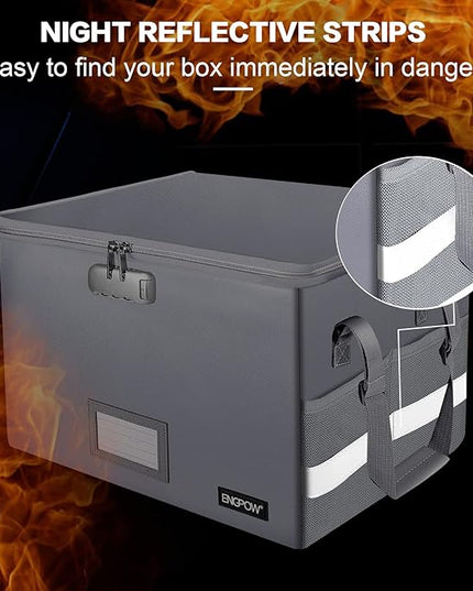 ENGPOW File Box with Lock, Fireproof Document Box with Zipper＆Pockets, Collapsible File Organizer Filing Storage Cabinet with Handle, Portable Home Office Safe for Hanging Letter/Legal Folder,Silver