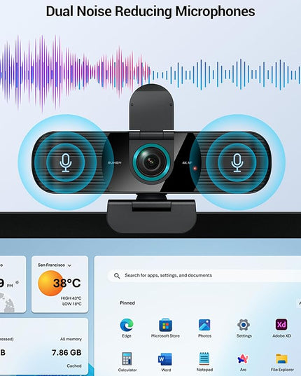 RUWBY UHD 4K Webcam with Built-in Dual Mics, Wide-Angle Lens, Privacy Cover, Tripod Stand, Autofocus Computer Camera, Plug and Play for Desktop PC or Laptop