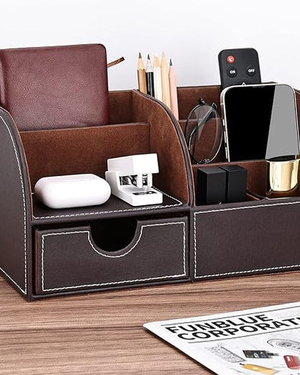 KINGFOM Pu Leather Desk Organizer Pen Pencil Holder Office Supplies Caddy Storage Box 6 Compartments with Drawer Brown