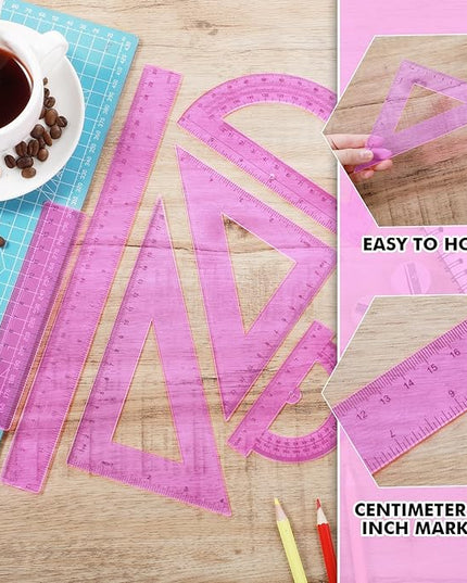 Tenare 6 Pcs Plastic Ruler Math Set Includes 12 Inch 6 Inch Straight Protractor Triangle Geometry Transparent Math Ruler Measuring Tools for School Office Home(Pink)