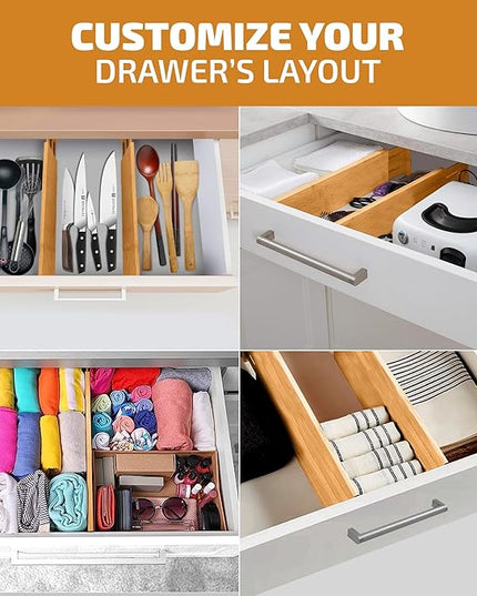 6 Pack Drawer Dividers 4 Inch High, 11”-17" Adjustable Bamboo Organizers Large Expandable Drawer Separators for Cloths, Dresser, Bedroom, Bathroom, Baby Drawer, Office & Kitchen Utensils (Natural)