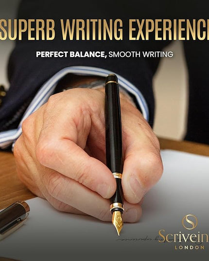 Scriveiner Luxury Fountain Pen - Stunning Black Lacquer Pen, Real Gold Finish, Schmidt Gilded Nib (Medium), Converter, Best Pen Gift Set for Men & Women, Professional, Executive, Office, Nice Pens