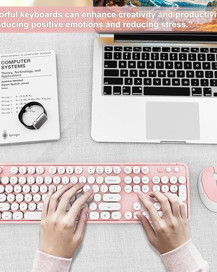 Wireless Keyboard and Mouse Combo, Ergonomic Full Size Typewriter Retro Round Keycaps Keyboard, Compatible with Windows, PC, Perfer for Home and Office Keyboards (Lovely Pink)