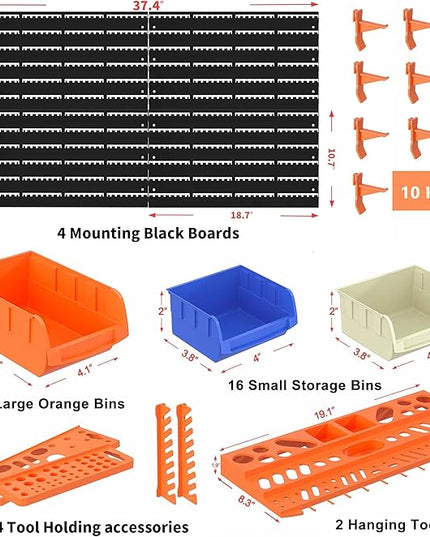 52PCS Wall Mounted Storage Bins Garage Storage Drawers with 4PCS Wall Mounting Peg Boards Workshop Parts Rack Container Tool Organizer Easy Access Compartments for Hardware Crafts Office Supplies
