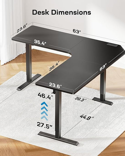 HUANUO Electric L Shaped Standing Desk, 63" x 63" Height Adjustable Corner Standing Desk with Built-in Power Outlets & Power Strip Holder, Sit Stand Up Table with 3 Preset Heights, Black