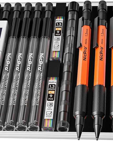 Nicpro 3 PCS 1.3 mm Orange Mechanical Pencils Set with 66 Lead Refill, 3 Eraser - Weatherproof Metal Barrel, Heavy Duty Carpenter Pencil MP2000 for Outdoor Marking Drafting Drawing Woodworking