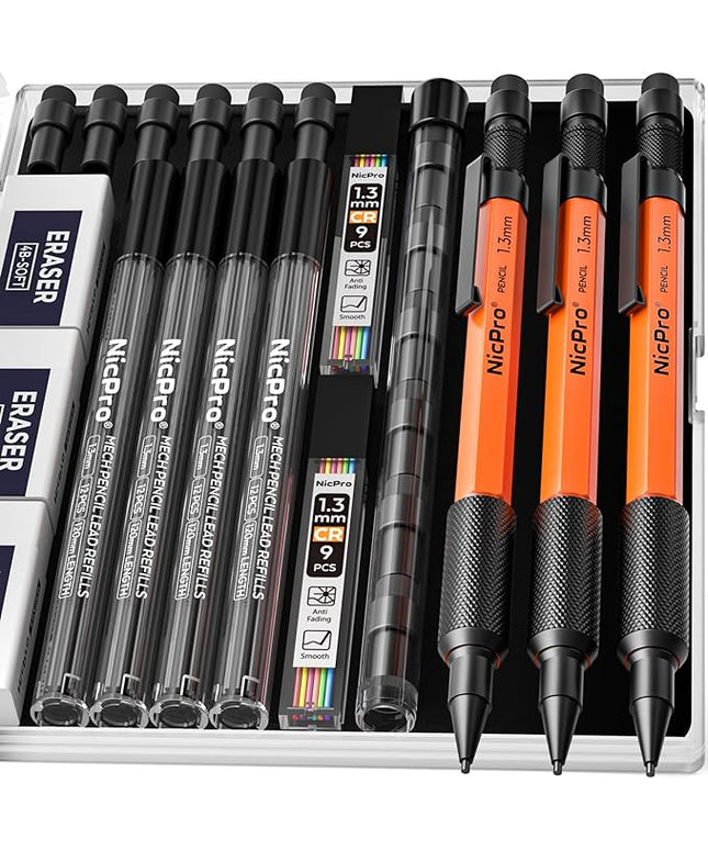 Nicpro 3 PCS 1.3 mm Orange Mechanical Pencils Set with 66 Lead Refill, 3 Eraser - Weatherproof Metal Barrel, Heavy Duty Carpenter Pencil MP2000 for Outdoor Marking Drafting Drawing Woodworking