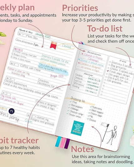 GoGirl Planner and Organizer for Women – Compact Size Weekly Planner, Goals Journal & Agenda to Improve Time Management, Productivity & Live Happier. Undated – Start Anytime, Lasts 1 Year – Rose Gold