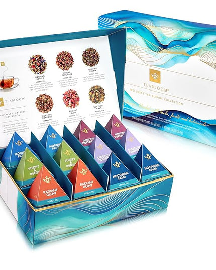 Teabloom Wellness Tea Collection – Fruit & Herbal Assortment with 12 Plant-Based Pyramid Sachets, Organic Ingredients, Elegant Presentation Box, Thoughtful Gift for Tea Lovers