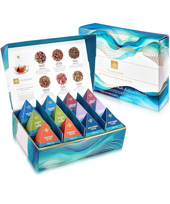 Teabloom Wellness Tea Collection – Fruit & Herbal Assortment with 12 Plant-Based Pyramid Sachets, Organic Ingredients, Elegant Presentation Box, Thoughtful Gift for Tea Lovers
