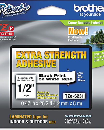 Brother Genuine P-Touch TZE-S231 Label Tape, 1/2" (0.47") Extra Strength Adhesive Laminated P-touch Tape, Black on White, Laminated for Indoor, Outdoor Use,Water Resistant, 26.2 Feet (8M),Single-Pack
