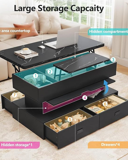 Turosur 40" Lift Top Coffee Table, LED Coffee Tables with Storage and 4 Drawers, Coffee Table with Lifting top for Living Room Home Office, Black