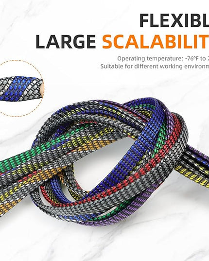 Braided Expandable Cable Sleeve, 25ft PP Cotton and PET Braided Cable Management, Flexible Mesh Wire Loom and Cable Protector for TV, Computer, Home Theater, Automotive (Blue White Grey, 1/2")