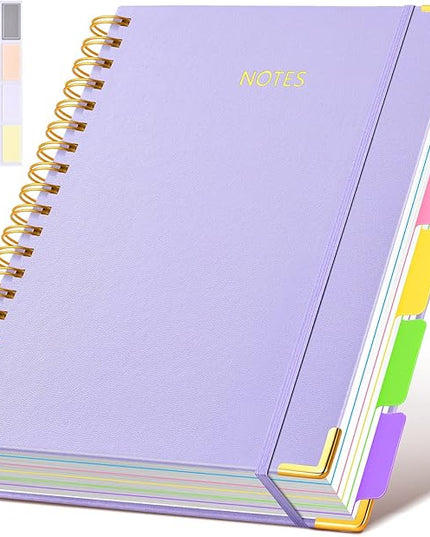 Hardcover Spiral Notebook 8.5"x11" Journal with Removable Dividers Tabs, 300 Pages Leather 5 Subject Notebook College Ruled, Large A4 Notebooks for Work School, Lined Journal for Women, A4 Purple