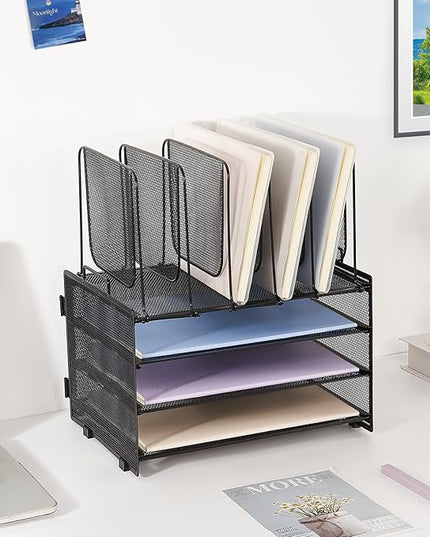 LEKETREE Desk Organizers and Accessories, 3-Tier Paper Organizer with 5 Vertical File Holders, File Folder Organizer (Black, 3T)