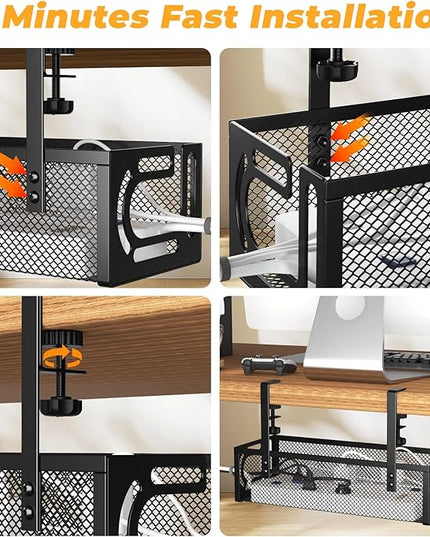Under Desk Cable Management Tray, 15.7'' No Drill Steel Desk Cable Organizers, Wire Management Tray Cable Management Rack (1 Pack-Black)