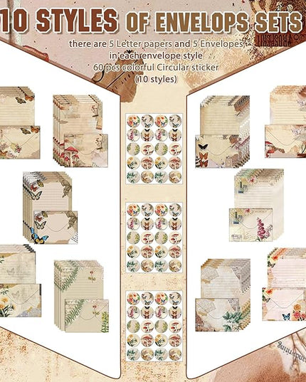 TaoBary 160 Pcs Stationery Paper Set 50 Double Sided Stationery Papers with 50 Matching Envelopes and 60 Round Dot Sticker, 10 Design(Nature Vintage Style,5.5 x 8.25 Inch)