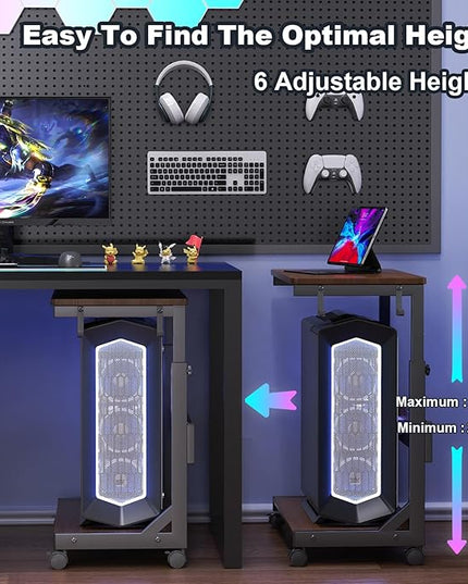 Height Adjustable Computer Tower Stand with Charge Station and USB Charging Port, 2-Tier ATX-Case Cart, Under Desk Mobile PC Stand, CPU Holder Cart with Locking Caster Wheels for Fits Most PC
