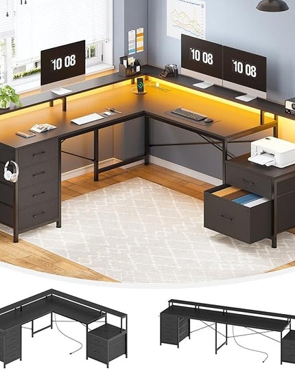 SEDETA L Shaped Desk with 6 Drawer, 108" Home Office Desk with File Drawer & Power Outlet, Corner Computer Desk with Monitor Shelf, File Cabinet, Two Person Desk, Gaming Desk with Led Lights, Black