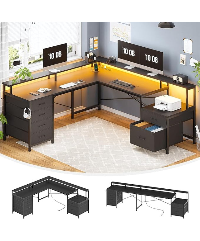 SEDETA L Shaped Desk with 6 Drawer, 108" Home Office Desk with File Drawer & Power Outlet, Corner Computer Desk with Monitor Shelf, File Cabinet, Two Person Desk, Gaming Desk with Led Lights, Black