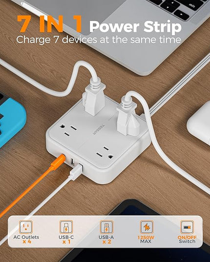 Surge Protector Flat Extension Cord 10FT, TESSAN Flat Plug Power Strip with 4 Outlets 3 USB Ports (1 USB C), 900 Joules Protection, Multiple Wall Outlet Extender Suitable for Home Office Dorm, White