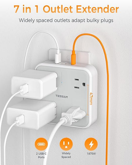 Multi Plug Outlet Extender, TESSAN 4 Outlet Splitter 3 USB Wall Charging Ports (2 USB C), Wide Spaced Multiple Expander Surge Protector for Office, Home, College Dorm Room