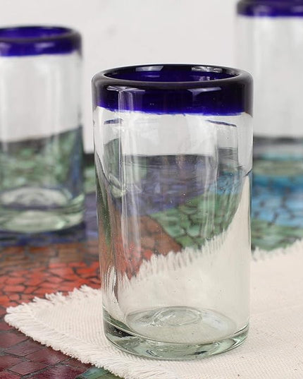 NOVICA Artisan Crafted Hand Blown Clear Blue Rim Recycled Glass Juice Glasses, 4.3In H X 2.6In Diam. 8 Oz. 'Cobalt' (Set Of 6)