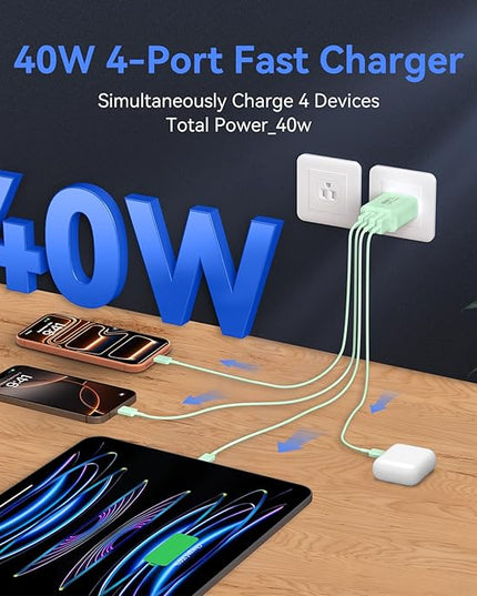 USB C Wall Fast Charger Block, 40W 4-Port Type C Chargers Fast Charging Blocks PD Power Charger Adapter+QC 3.0 USB Multiport Charger Brick for Phone 17/16/15/14/13/12 Pro Max, i-Pad, Galaxy S25-2Pack