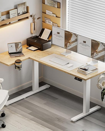 Muvai 71 Inch L Shaped Standing Desk Adjustable Height with Cable Management Tray,Gaming Electric Corner Standing Desk, Sit Stand Computer Table with Reversiable Splice Board, Light Rustic Brown