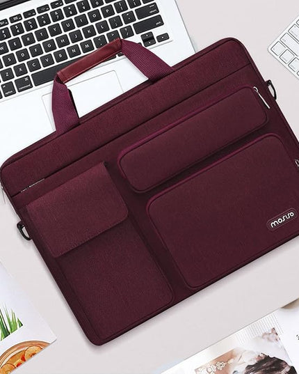 MOSISO Laptop Shoulder Bag 15.6 inch, 15-15.6 inch Computer Bag Compatible with MacBook Pro 16 inch, HP, Dell, Lenovo, Notebook with 2 Raised&1 Flapover&1 Horizontal Pocket&Handle&Belt, Wine Red