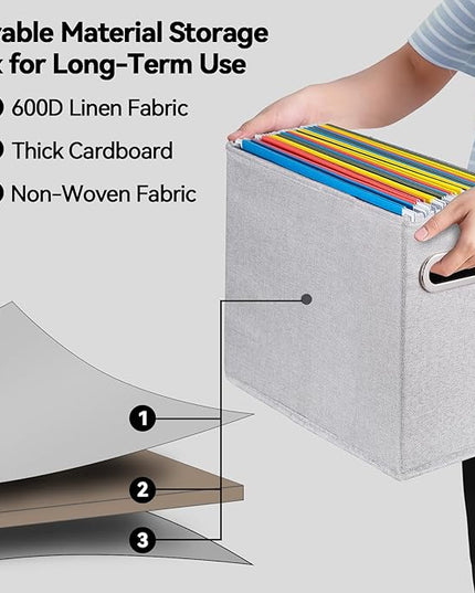 4 Pack Letter Size File Storage Box Collapsible, Fabric Hanging File Folders Organizer, Portable Office Document Holder with Metal Handle, Smooth PVC Rails, Light Gray