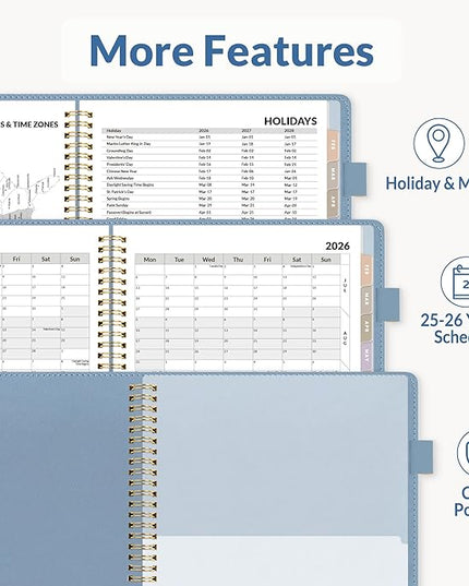 SUNEE 2026 Planner, Weekly and Monthly Calendar Planner 9"x11.2"- 12 Month (January 2026 - December 2027), Vegan Leather Cover, Pocket, Bookmark, Notes, Monthly Tab, Gay Blue