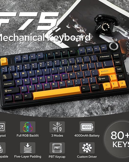 EPOMAKER x Aula F75 Gasket Mechanical Keyboard, 75% Wireless Hot Swappable Gaming Keyboard with Five-Layer Padding&Knob, BT/2.4GHz/USB-C, RGB (Black, LEOBOG Reaper Switch)