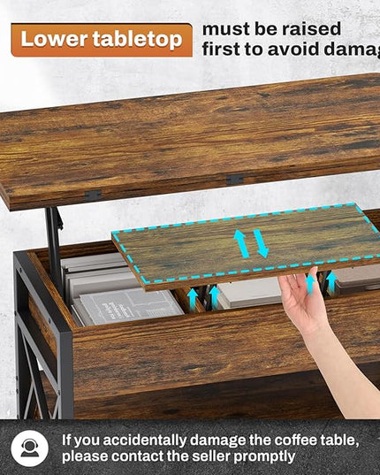 Itaar 40" Lift Top Coffee Table, 4 in 1 Coffee Tables with Storage for Living Room, Small Farmhouse Coffee Table with 2 Drawers & LED Light for Dining Reception Room, Rustic Brown