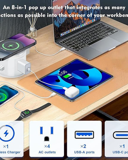 Pop Up Outlet for Countertop with 15w Wireless Charger, 4.7-Inch Pop Up Outlet with 4 Outlets and 2 USB-A, 1 USB-C, Pop Up Power Outlet for Kitchen Countertop, Conference Room, Study Room (White)