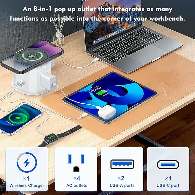 Pop Up Outlet for Countertop with 15w Wireless Charger, 4.7-Inch Pop Up Outlet with 4 Outlets and 2 USB-A, 1 USB-C, Pop Up Power Outlet for Kitchen Countertop, Conference Room, Study Room (White)