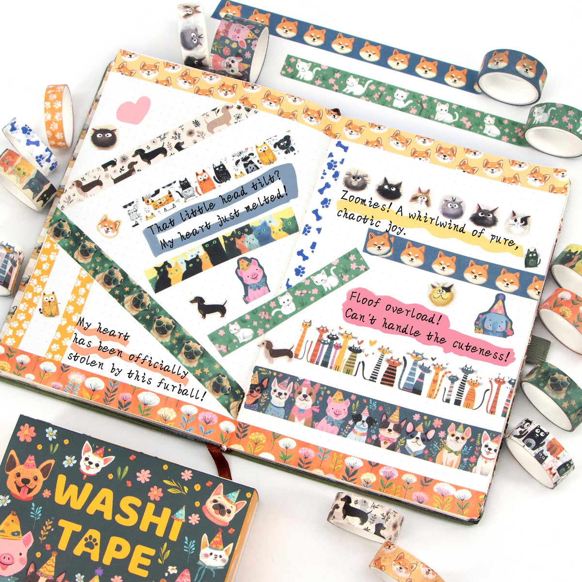 KOVANO Washi Tape Set 14 Rolls, Cute Animal Decorative Tape, Cats Puppies Pugs Designs Washi Tapes for Scrapbooking Supplies, Journaling Supplies, Crafts