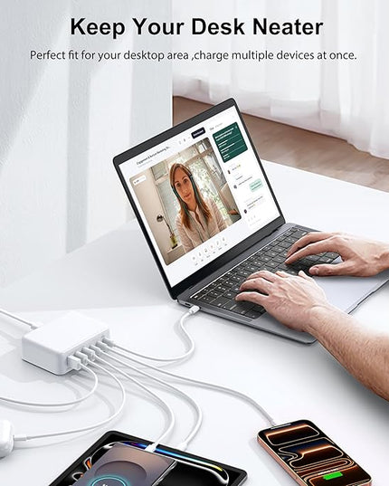 USB C Fast Charger, 150W 6 Port Desktop PD GaN Fast Charger Charging Station Block 65W USB C Laptop Power Adapter for MacBook Pro/Air iPad iPhone 17 16 15 14 13 Pro Max Galaxy S24 Note 20 Pixel