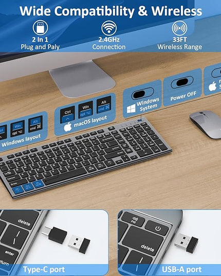 Wireless Keyboard and Mouse, GALENMORO Silent Quiet Combo Low Profile USB C Full Size Compact with Number Pad Flat Soft Touch Cordless for Mac Computer PC Laptop MacBook iMac Office - Black and Gray