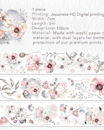 WT Frostbloom Wide PET Tape, Single Roll, Original Floral Designs, Winter Flowers, Clear Transparent Adhesive Tape for Junk Journals, Scrapbooks, Bujo, Planners, DIY Crafts, Art Stationery