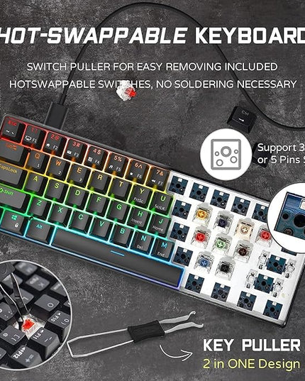 RK ROYAL KLUDGE RK61 Wired 60% Mechanical Gaming Keyboard Programmable QMK/VIA RGB Backlit 61 Keys Ultra-Compact Hot Swappable Red Switch Black