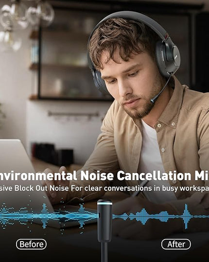 H300 Wireless Headphones Bluetooth with Microphone, Over Ear Headsets with USB Dongle & Mute, Environmental Noise Cancelling Retractable Mic for Work Office Meeting Laptop Computer (Black)