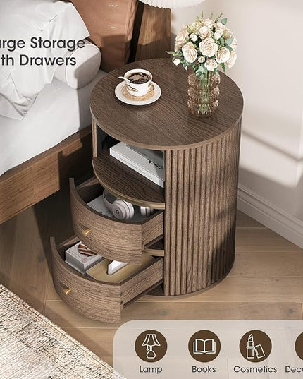 JOINICE Round Coffee Table and End Table Set,31.5" Mid Century Modern Living Room Furniture, Walnut Fluted Center Table with Storage & Matching Side Table for Small Space