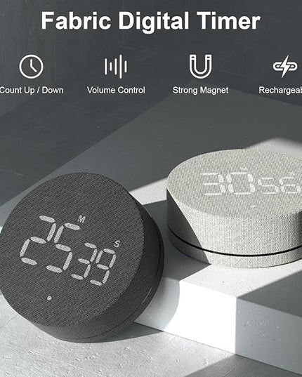 AVINIA Desk Timer for Productivity Magnetic Digital Kitchen Timer Rechargeable Fabric Mesh Cover 99 Mins Countdown/Count Up Stylish Efficana Konah Home Timmer for Cooking (Fabric Gray)