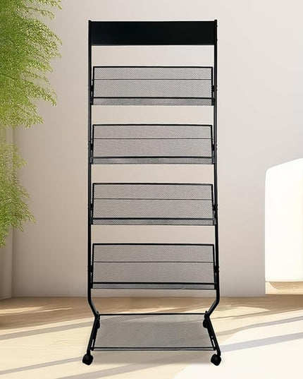 Tongmo Floor-Standing Magazine Rack 4-Layer with Wheels, Brochure Display Stand, High-hardness metal for Office,Exhibitions, and Any Organization Requiring Information Display (black)