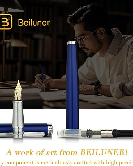 BEILUNER Luxury Fountain Pen Set,Solid 24K Gilded Medium Nib, Modern Classic Limited Edition -Includes 6 Ink Cartridges&Ink Refill Converter with Gift Case-Perfect for Men and Women（Charming blue）