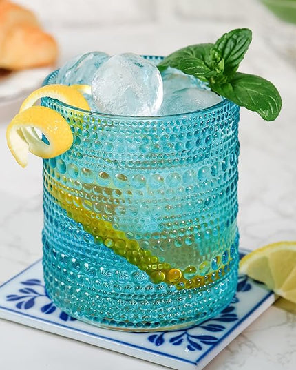 Kate Aspen Hobnail Beaded Drinking Glasses Vintage Glassware Set | Cocktail Glass Set, Juice Glass, Water Cups | Makes A Great Hostess Gift, Gift for Newlyweds (Aqua Blue)