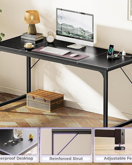 PRAISUN 63 X 24 Inch Office Computer Desk with Power Outlets and USB-C Port, Larger and Longer Gaming Desk, for Home Office, Study, Writing Work from Home Table, Metal Frame, Black